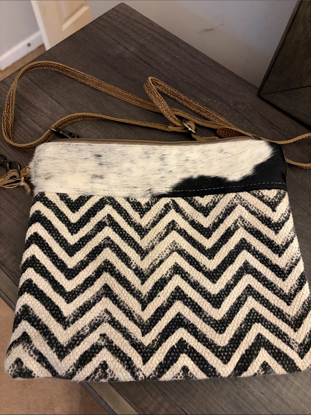 Myra Bag Black & White Chevron Crossbody with Haircalf Trim